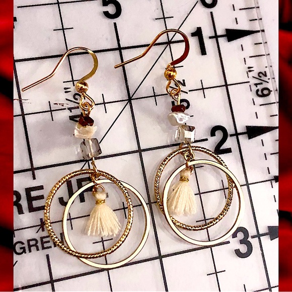 NEW GOLD BOHO HIPPIE HOOP TASSEL ABSTRACT ROPE PEARL BEAD MODERN EARRINGS - Picture 5 of 5